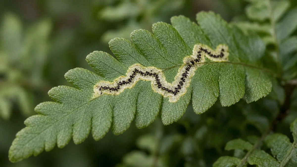 Close-up of leaf miner serpentine tunnel inside a Boston Fern pinna leaflet