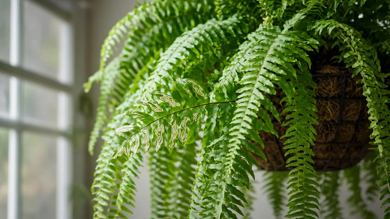 Leaf miners on Boston Fern - pale serpentine tunnels on finely divided Nephrolepis exaltata pinnae in a hanging basket