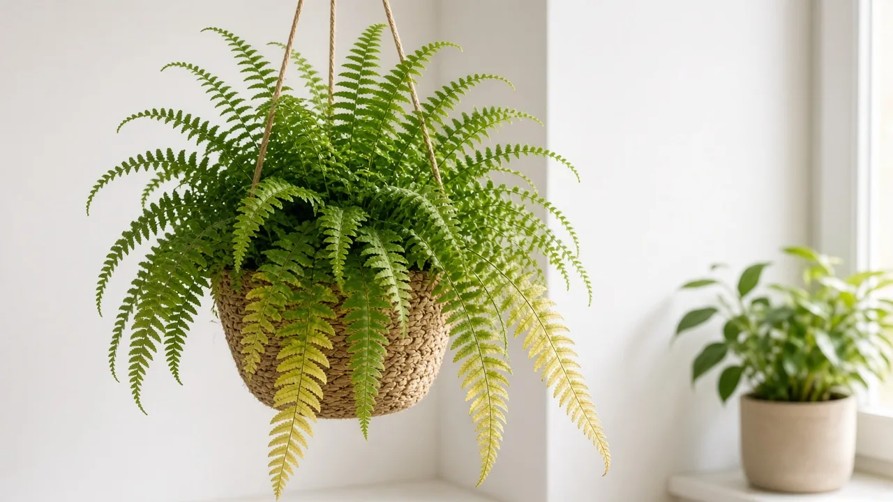 Magnesium deficiency on Boston fern - yellow between green veins on older cascading fronds