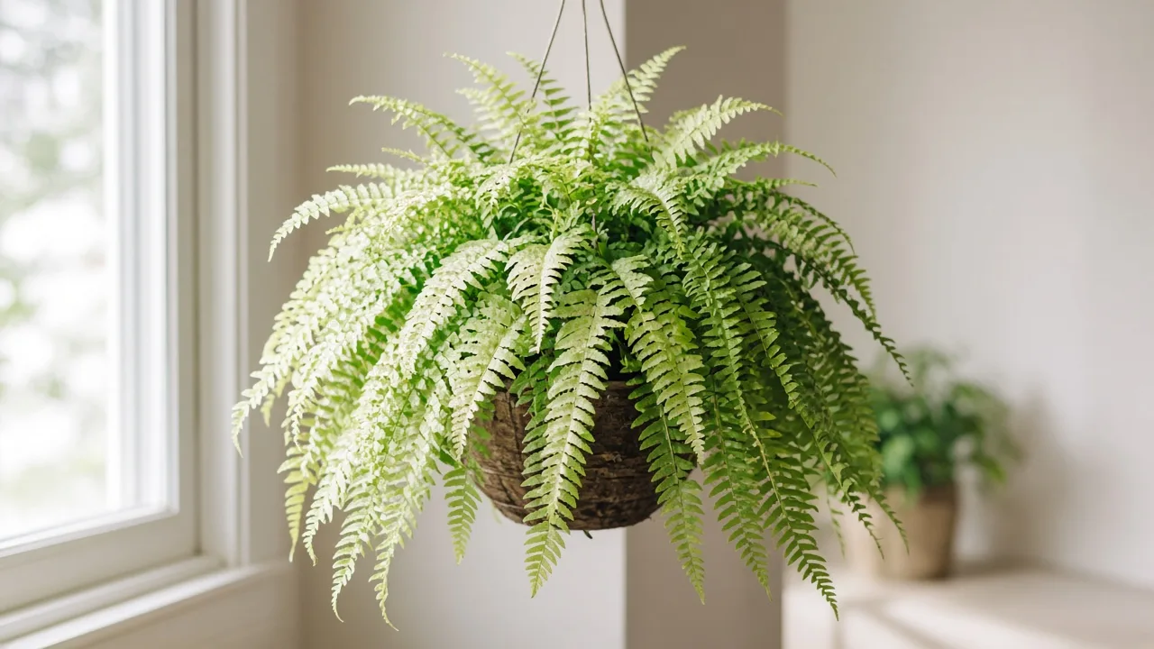 Pale leaves on Boston Fern — washed-out yellow-green arching fronds in a hanging basket