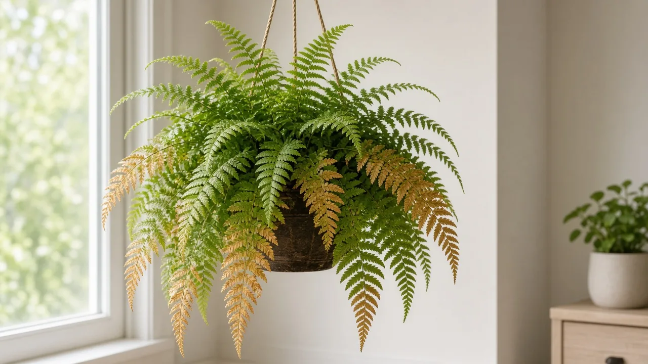 Potassium deficiency on Boston Fern - brown scorch along pinnae margins on older arching fronds in a hanging basket