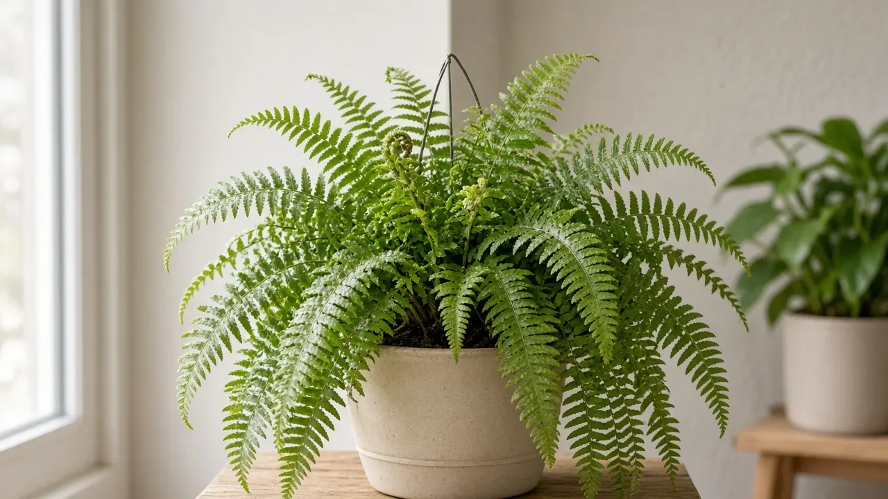 Thrips on Boston Fern - silvery streaks on arching fronds in a hanging basket