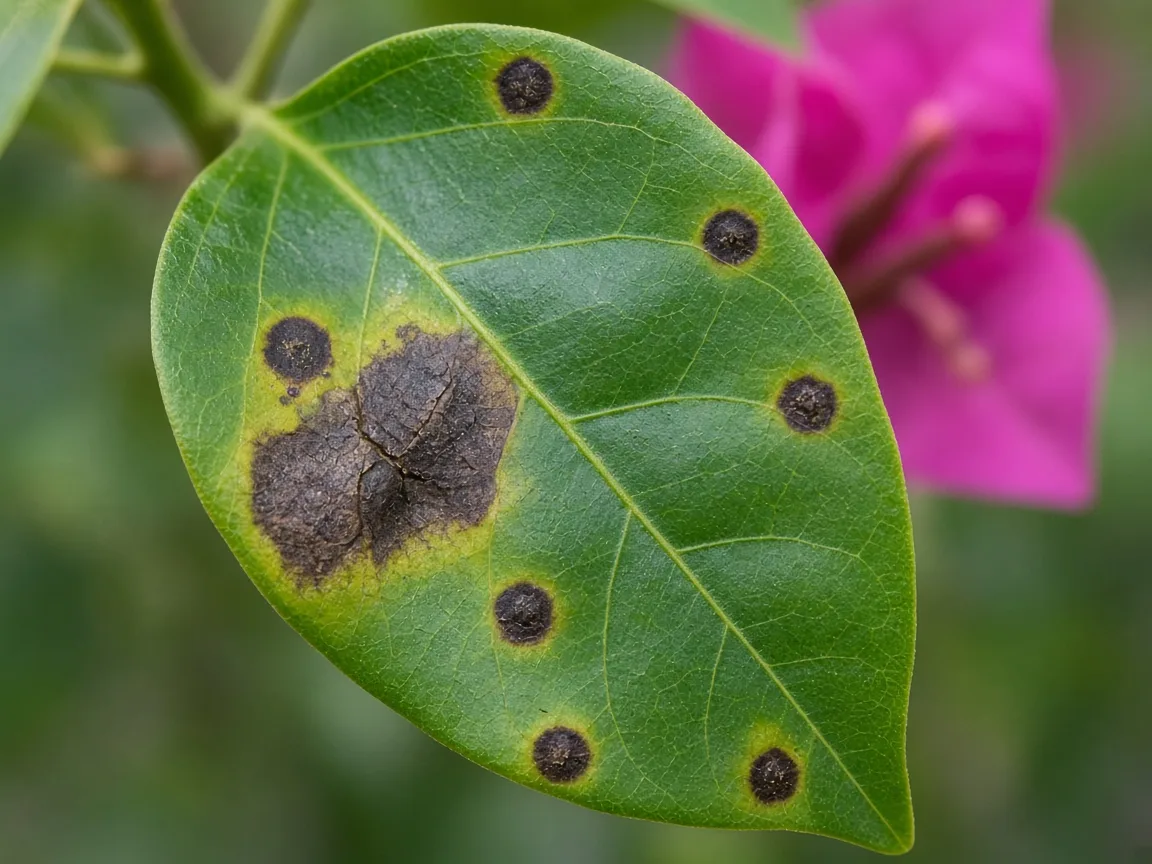 Close-up of black spots on Bougainvillea - brown-black lesions on a waxy green leaf