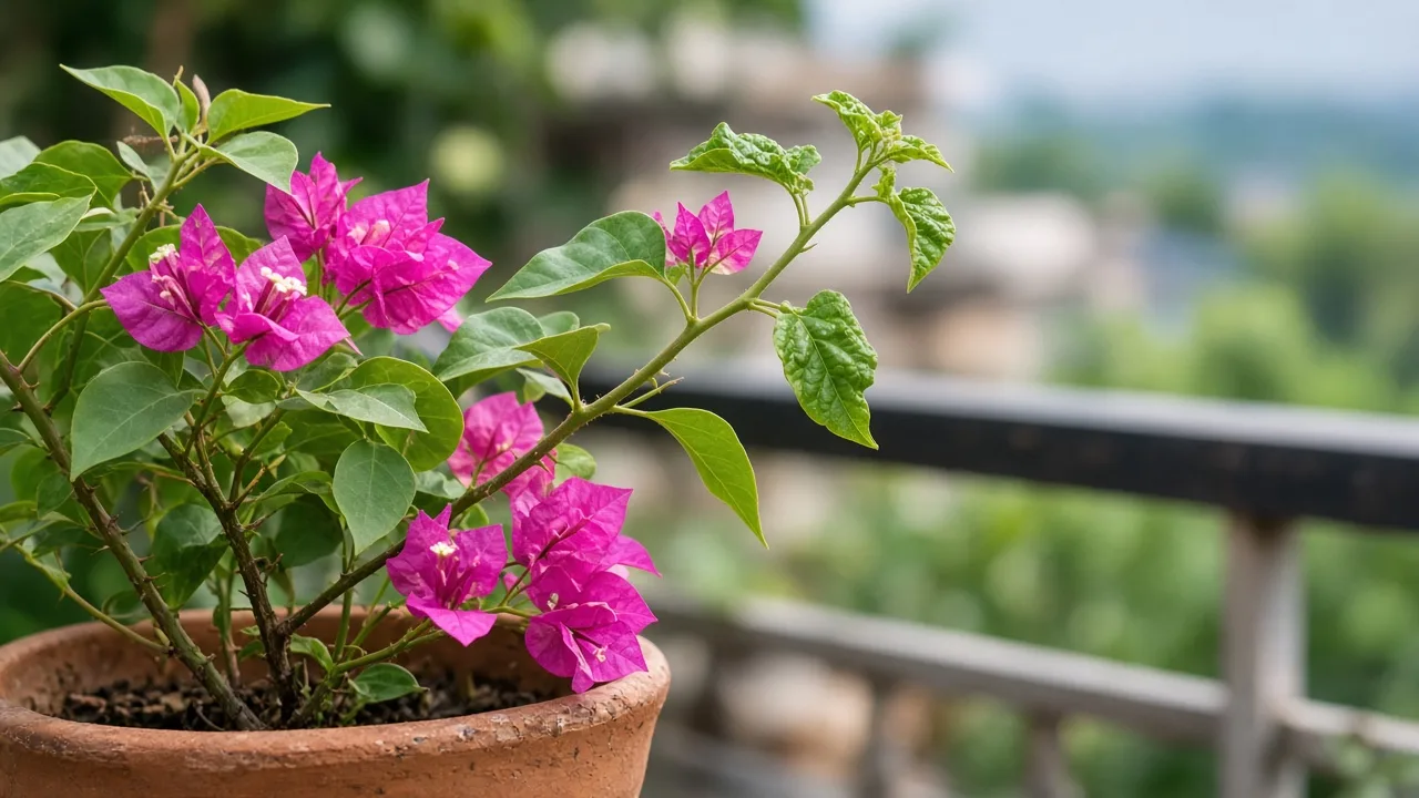 Distorted leaves on Bougainvillea - twisted young foliage on thorny cane with magenta bracts
