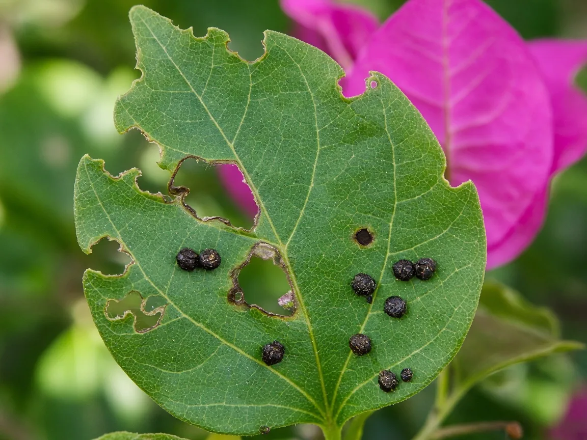 Close-up of holes in leaves on Bougainvillea - ragged chew damage on green heart-shaped foliage