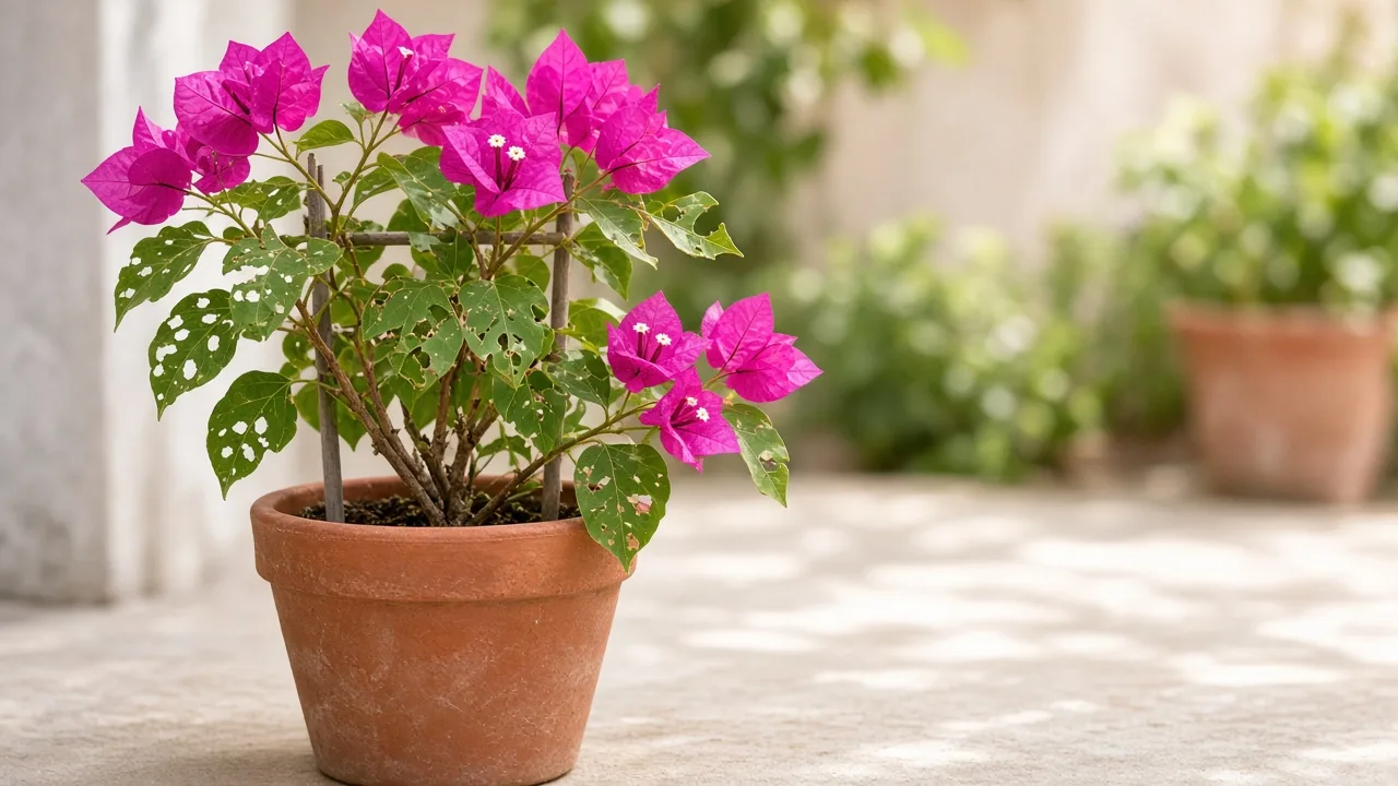 Holes in leaves on Bougainvillea - ragged chew damage on green heart-shaped foliage below magenta bracts on a sun-grown vine