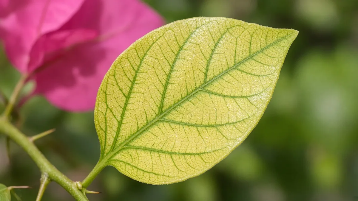 Close-up of interveinal chlorosis on a new bougainvillea leaf at a shoot tip