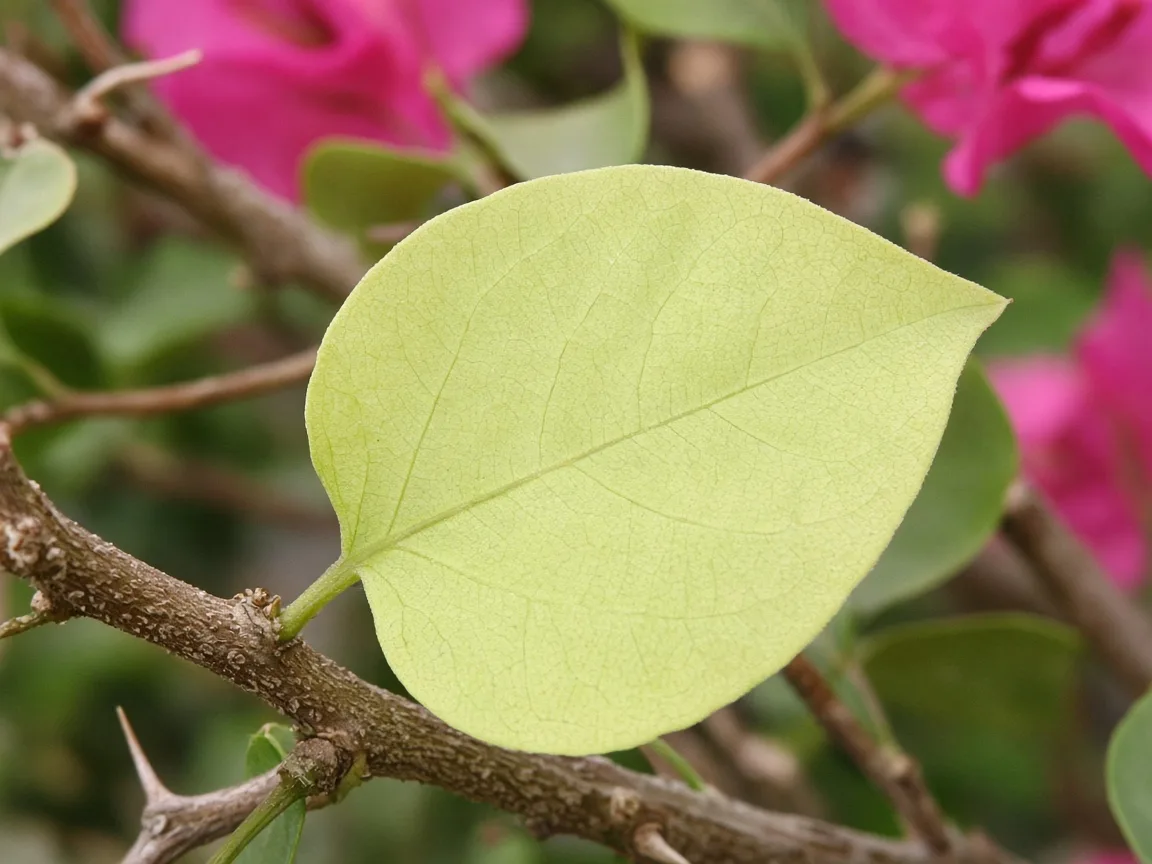Close-up of nitrogen deficiency on bougainvillea - uniform pale yellow-green on oldest true leaf along woody stem