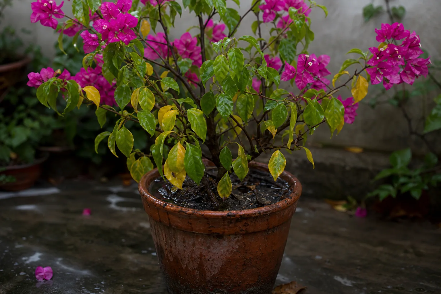 Overwatering on Bougainvillea - visible symptom on the plant