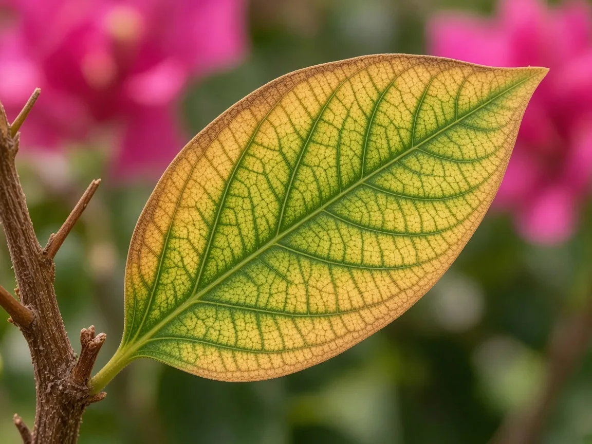 Close-up of potassium deficiency on bougainvillea - scorched margin on older true leaf