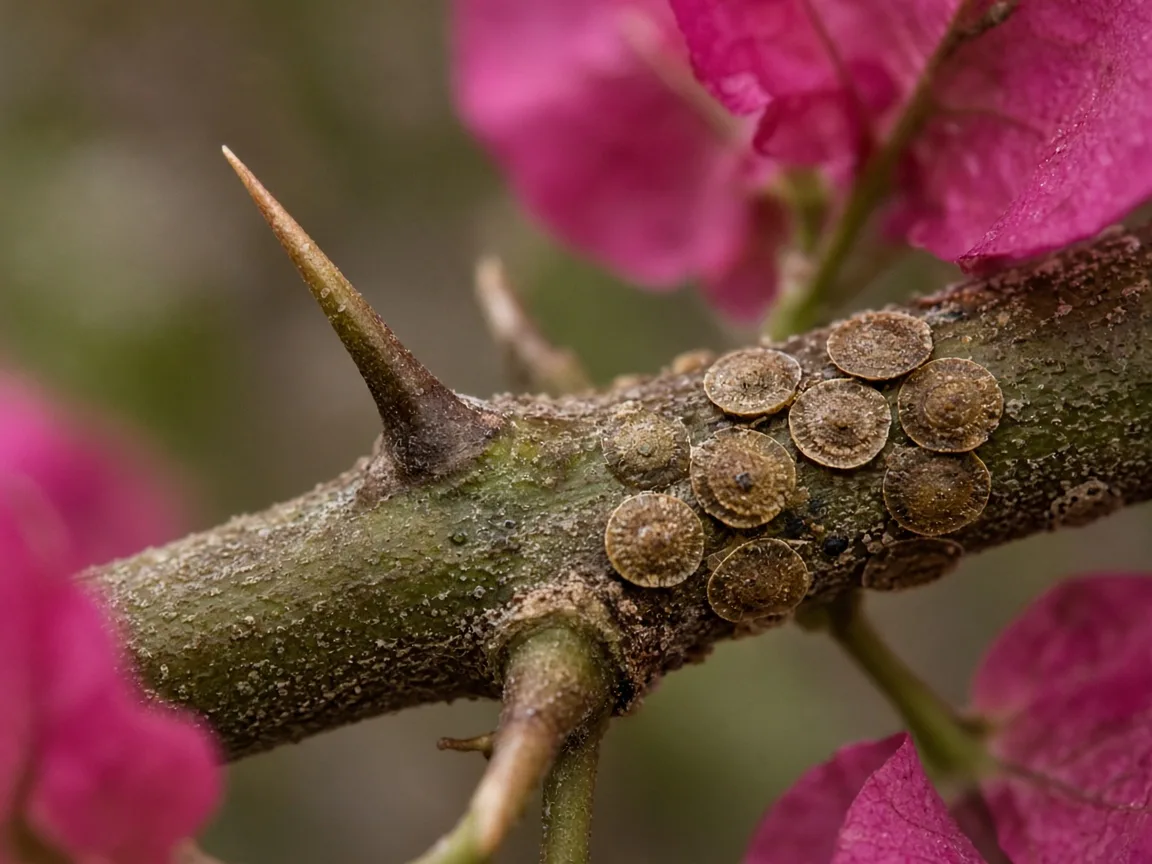Close-up of scale insect shells on Bougainvillea thorny cane and bract joint