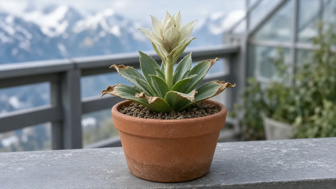 Low humidity on Brahma Kamal - crisp edges on Saussurea obvallata rosette leaves in a cool outdoor pot