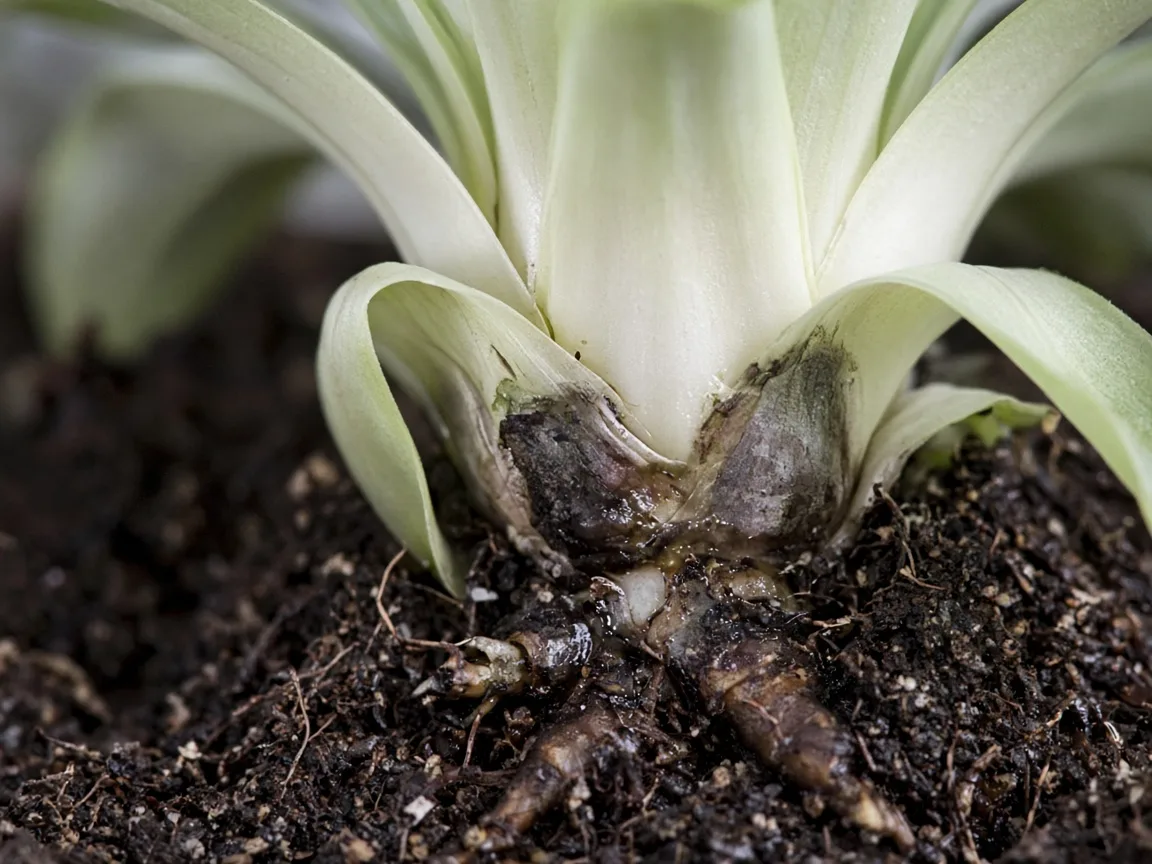 Close-up of soft dark crown tissue and wet compost at the base of a Brahma Kamal rosette