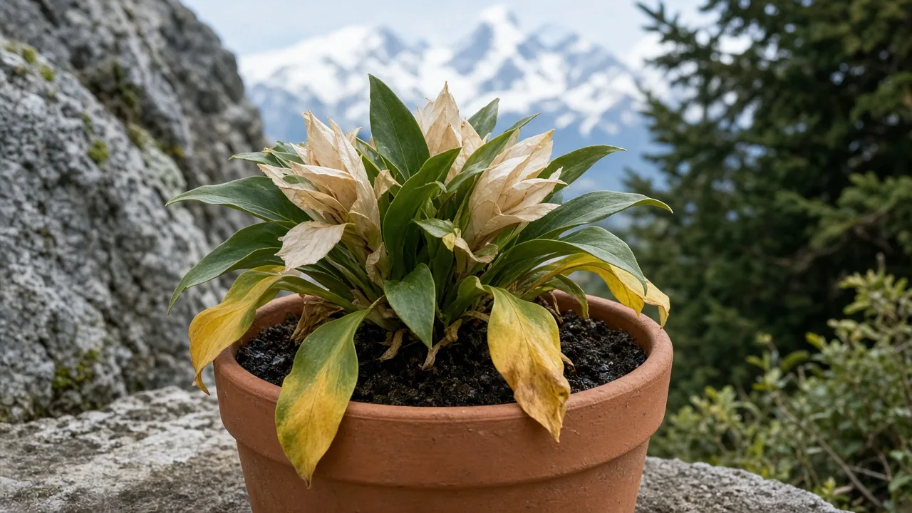 Root rot on Brahma Kamal - yellowing basal rosette leaves on a wet terracotta pot in cool outdoor light