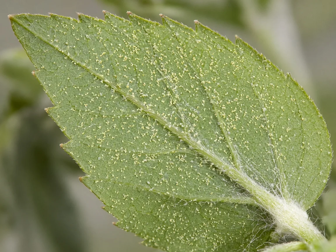 Close-up of spider mites on Brahma Kamal - stippling and fine webbing on a toothed rosette leaf underside