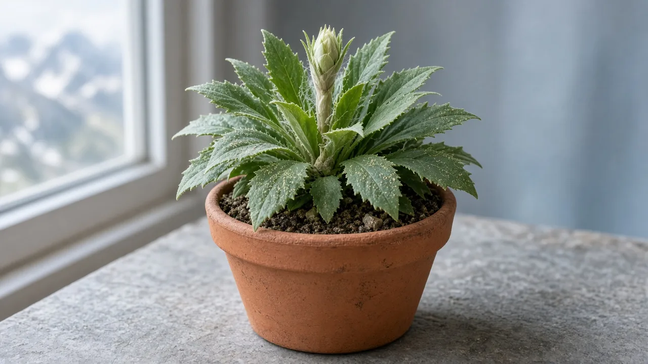 Spider mites on Brahma Kamal - stippled basal rosette leaves on Saussurea obvallata in a cool alpine pot