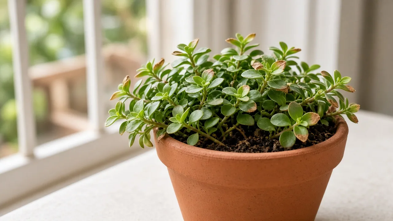 Brown tips on Brahmi - dry tan margins on succulent Bacopa monnieri mat in a moist pot