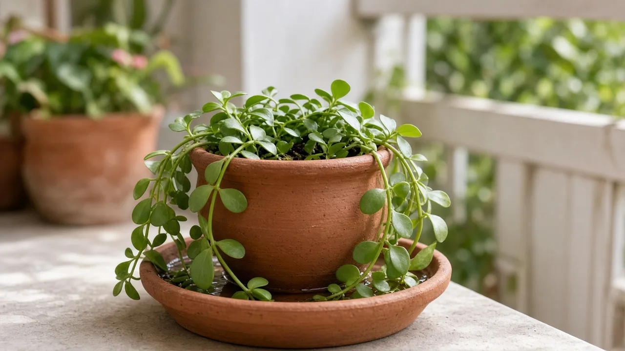 Drooping leaves on Brahmi - limp succulent foliage on creeping Bacopa monnieri stems in a moist pot
