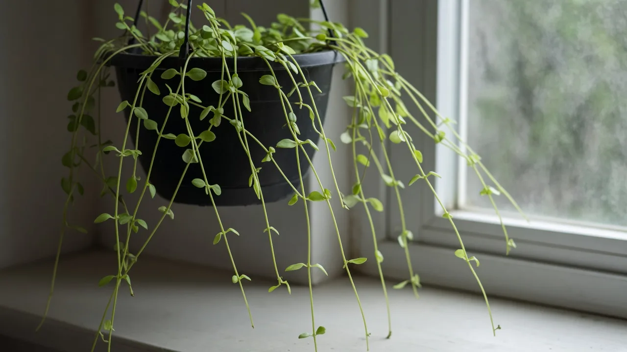 Leggy growth on Brahmi - thin Bacopa monnieri mat with long bare runners and small pale leaves leaning toward a window