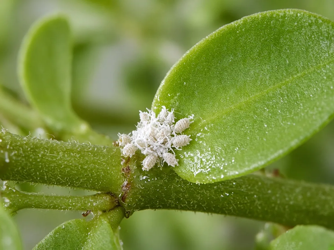 Close-up of mealybugs on Brahmi - white cottony clusters in a leaf axil on a creeping stem