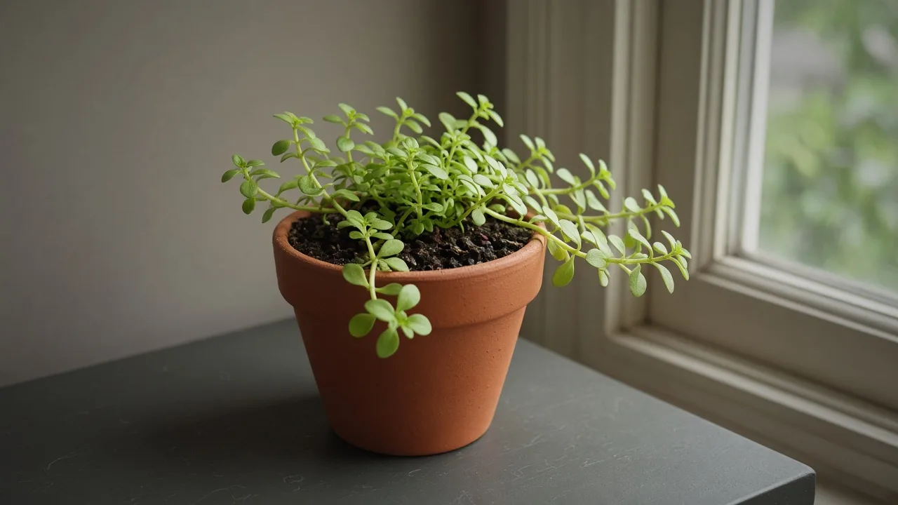 Not enough light on Brahmi — pale creeping Bacopa monnieri stems leaning toward a brighter window