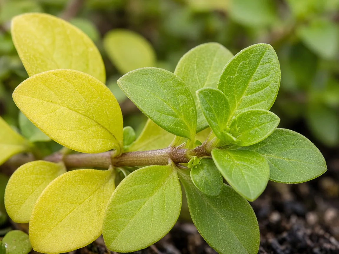 Close-up of yellow leaves on Brahmi — chartreuse succulent blades on a creeping Bacopa stem
