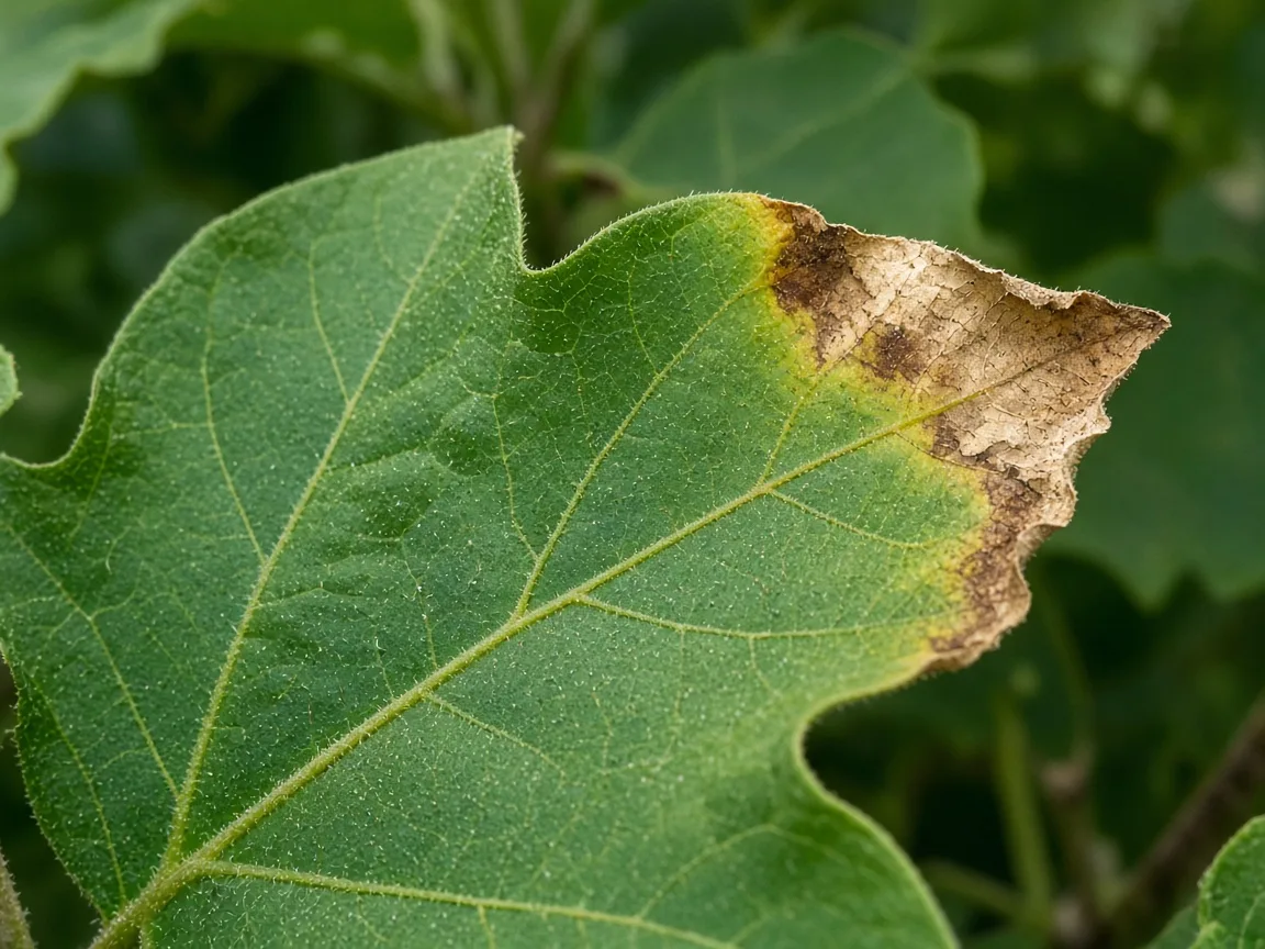 Close-up of brown tips on brinjal lobed leaves