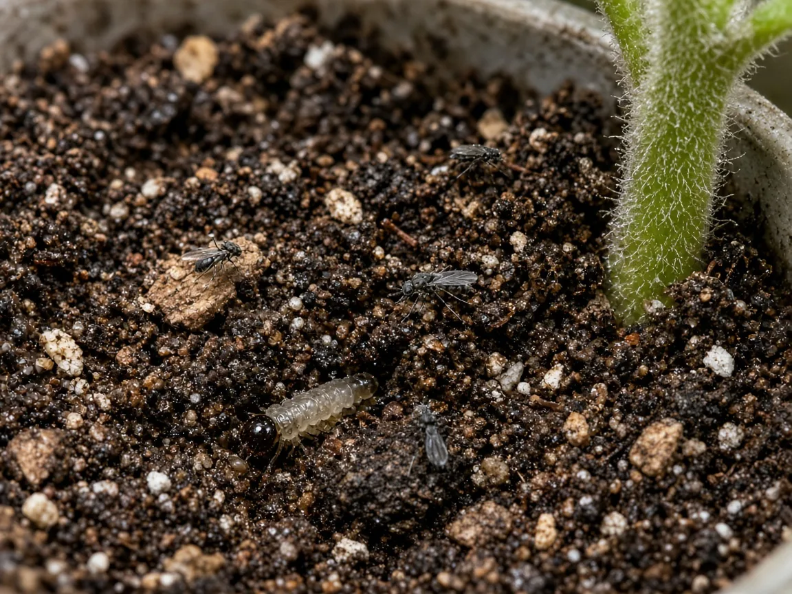 Close-up of fungus gnats on damp potting mix at the base of a brinjal stem