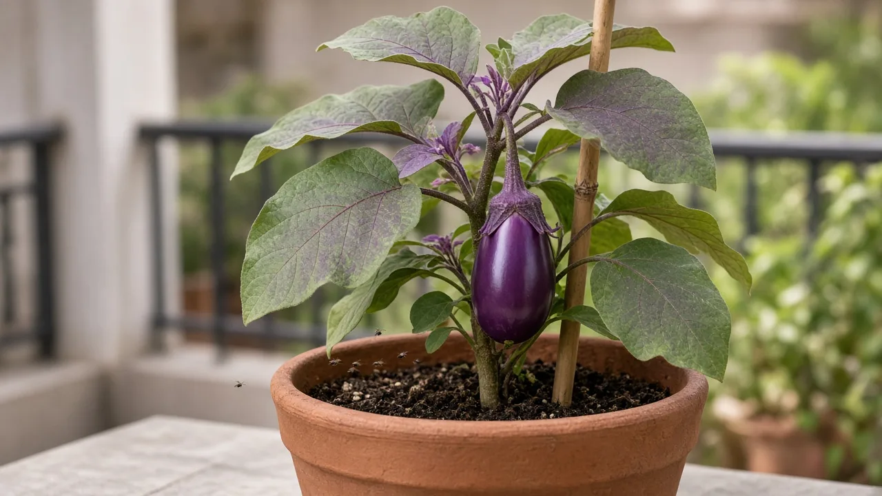 Fungus gnats on Brinjal - tiny flies hovering above damp soil at the base of a container-grown eggplant with purple fruit