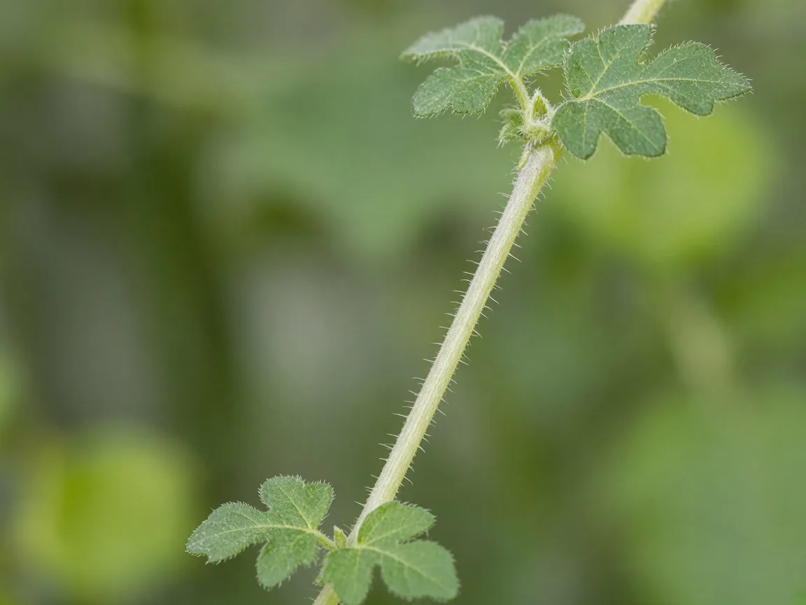 Close-up of leggy growth on Brinjal - long internode and small lobed leaves on a stretched stem
