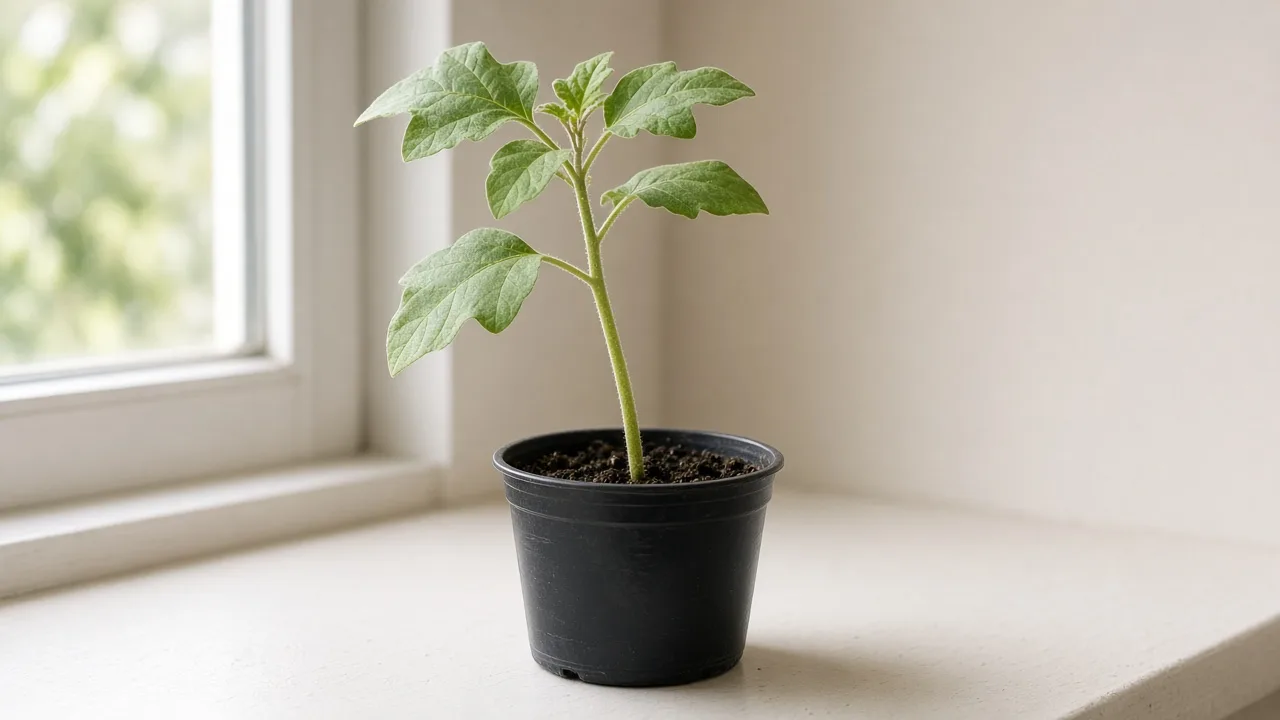 Leggy growth on Brinjal - thin stretched eggplant seedling leaning toward window light with wide gaps between leaves