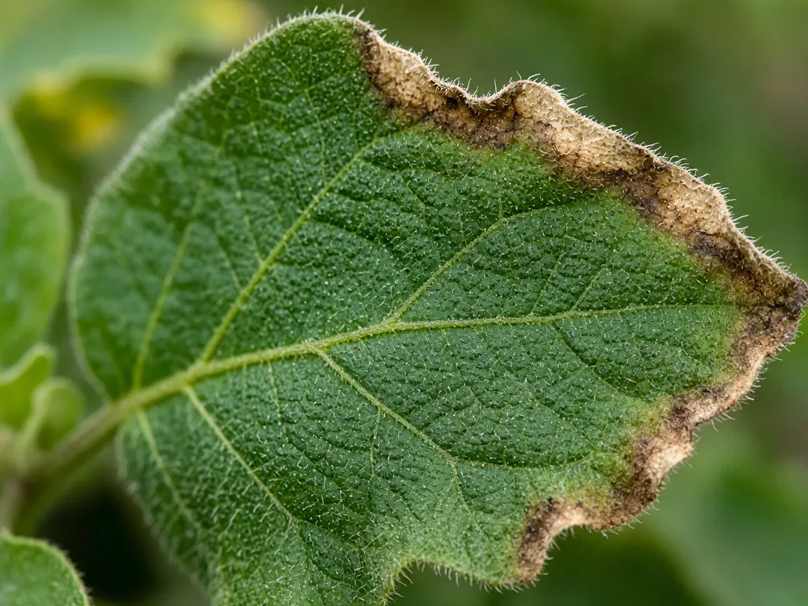 Close-up of low humidity on brinjal lobed leaves