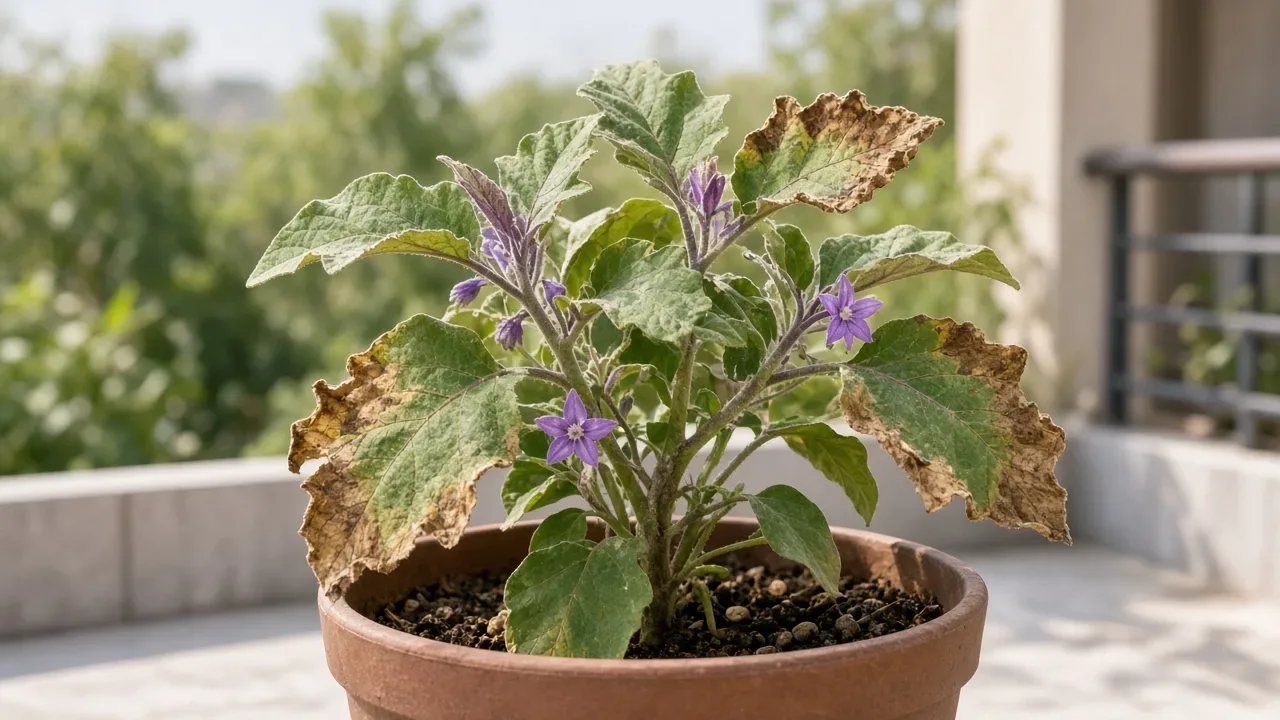 Low humidity on Brinjal - papery brown margins on lobed eggplant leaves in a dry patio container