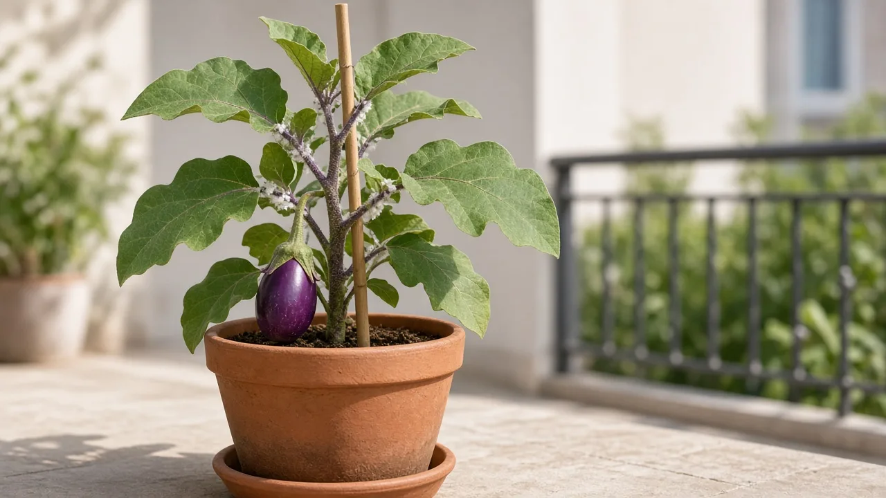 Mealybugs on Brinjal - white cottony clusters in leaf axils on a fruiting eggplant plant