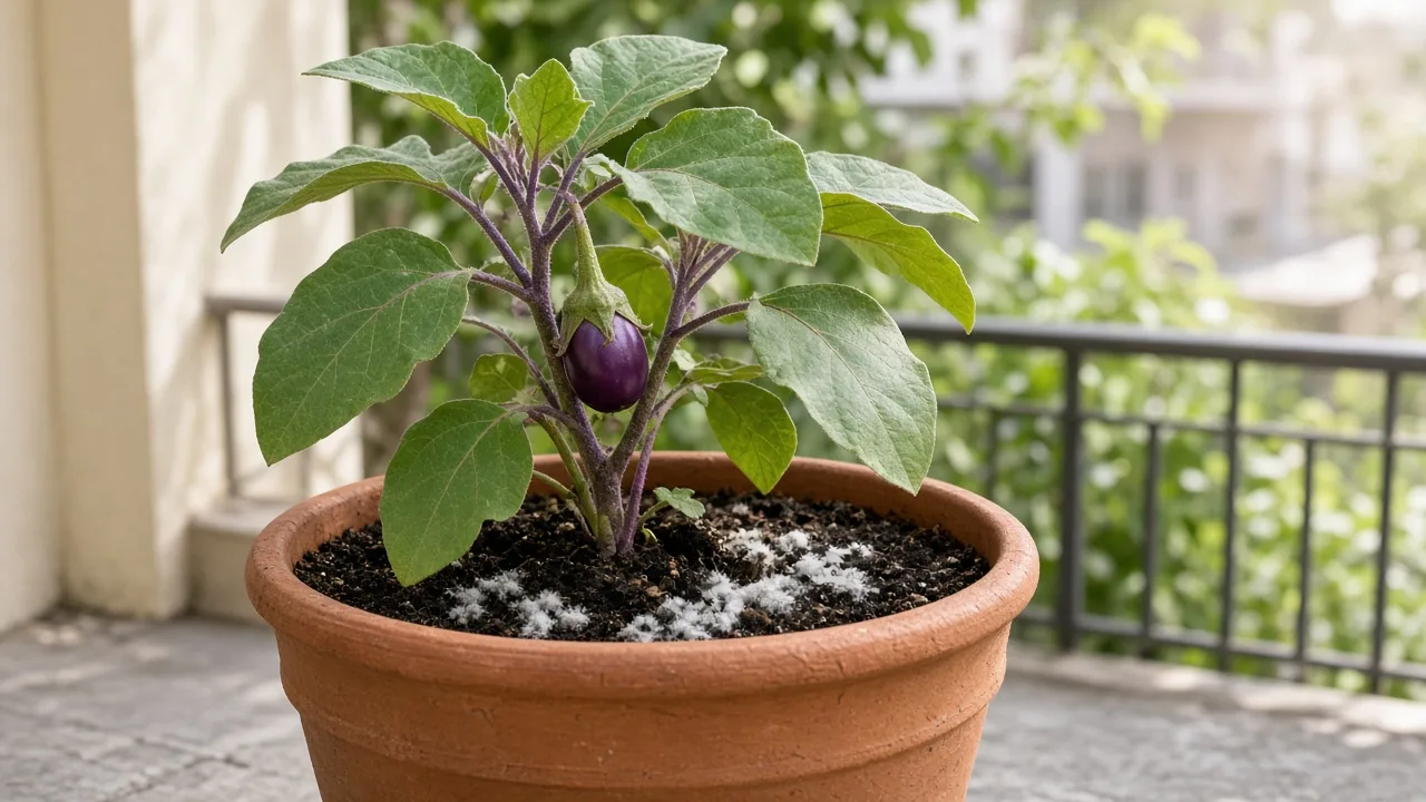 Mold on soil on Brinjal - white fuzzy growth on moist compost-rich mix at the base of a fruiting eggplant in a container