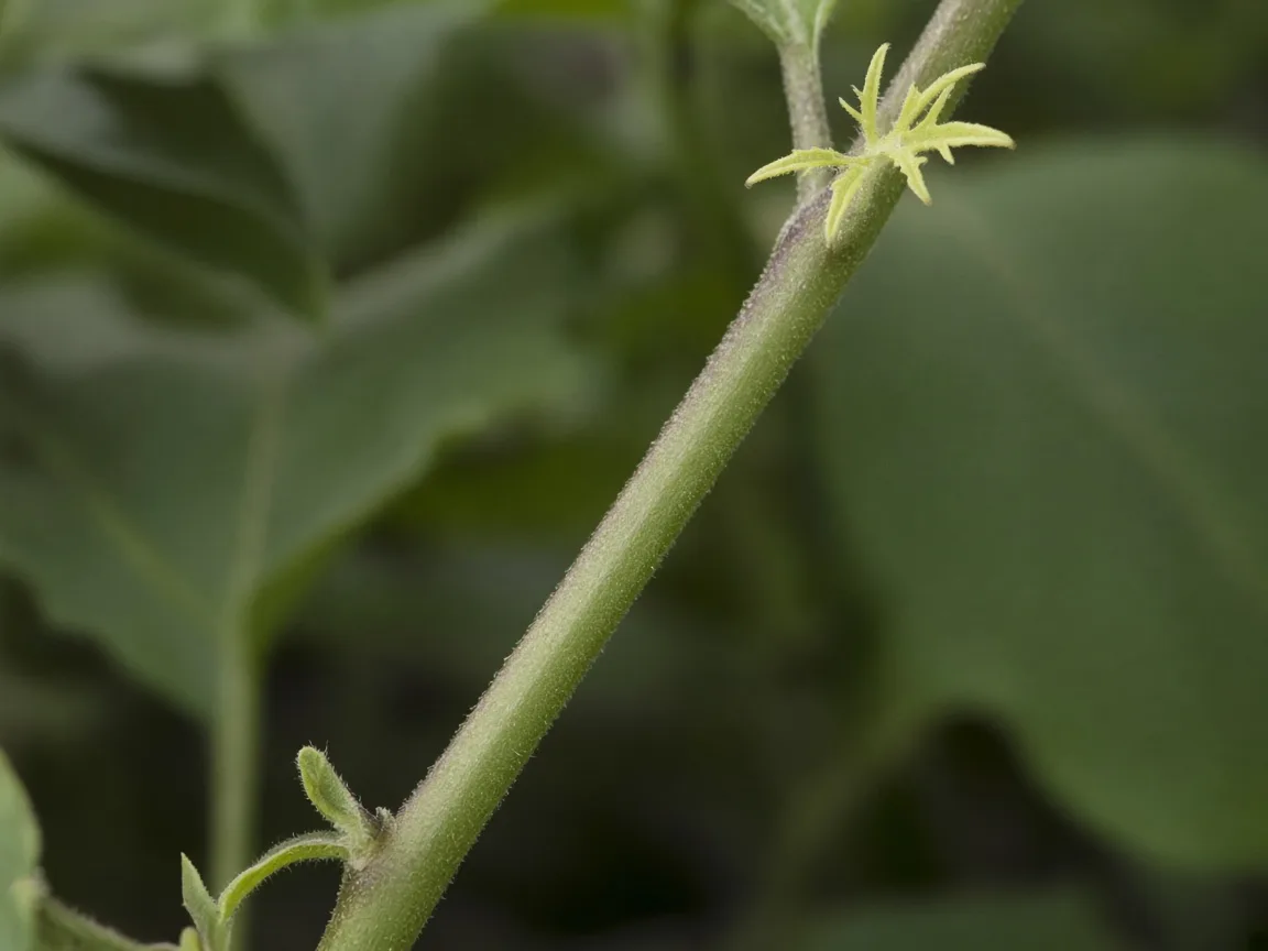 Close-up of not enough light on Brinjal — long internode and small pale lobed leaf on a stretched eggplant stem