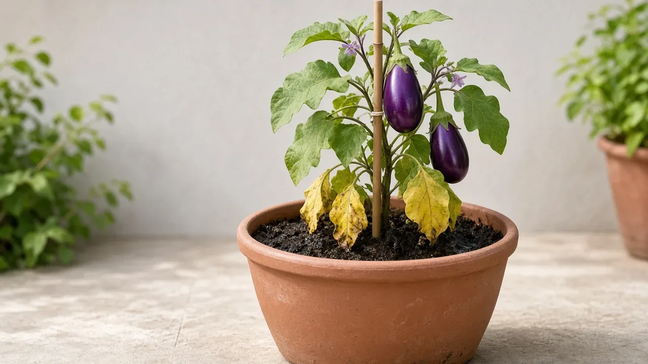 Root rot on Brinjal - yellowing lower leaves on a wet container-grown eggplant with fruit on the stake