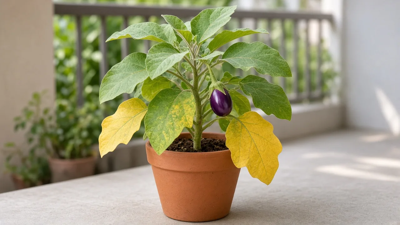 Yellow leaves on brinjal — potted eggplant with chartreuse lower foliage and glossy purple fruit