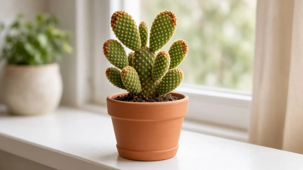Brown tips on Bunny Ear Cactus - dry tan patches at the edges of paired oval pads on Opuntia microdasys