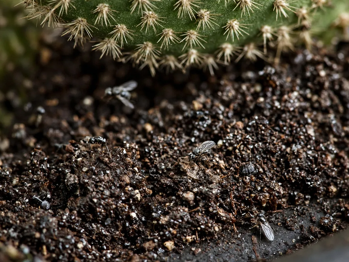 Close-up of fungus gnats on damp potting mix at the base of bunny ear cactus pads