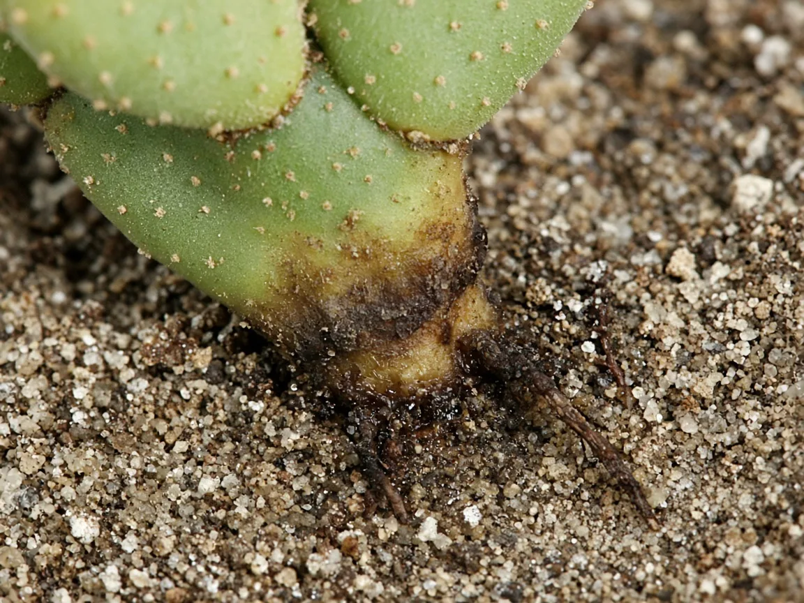 Close-up of soft dark tissue at soil line on Bunny Ear Cactus basal pads
