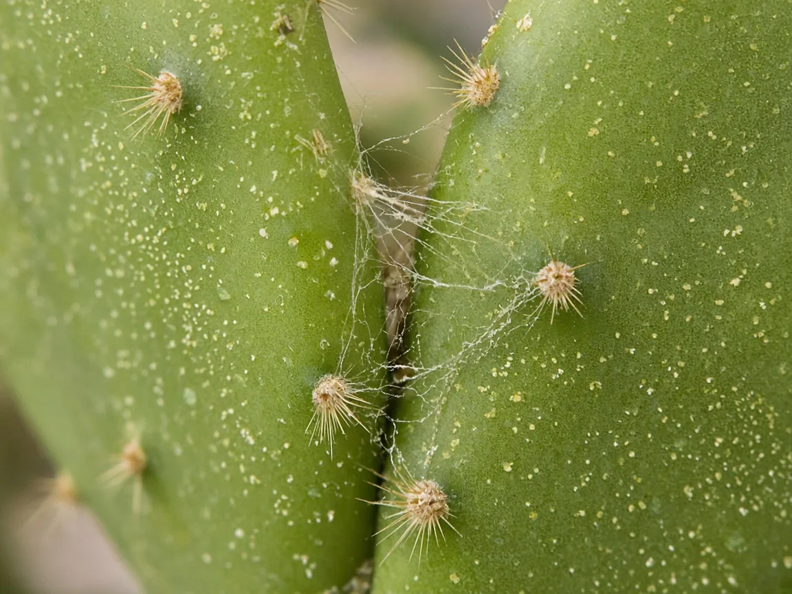 Close-up of spider mite stippling and fine silk webbing along areole rows on a bunny ear cactus pad joint