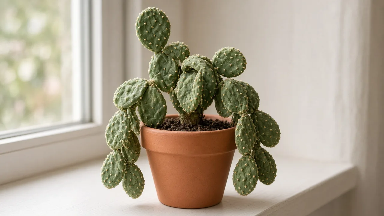 Wilting on Bunny Ear Cactus - paired Opuntia microdasys pads deflated and slumping at the joints in a terracotta pot
