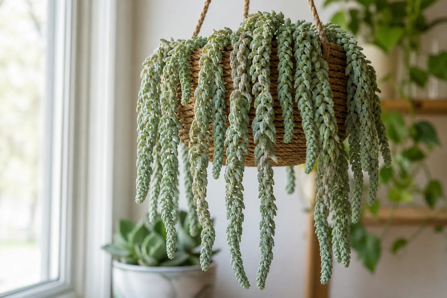 Drooping Leaves on Burro's Tail - limp mushy beads on wet soil vs healthy trailing cascade