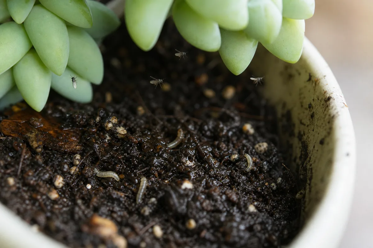 Close-up of Fungus Gnats on Burro's Tail - tiny dark flies on damp soil surface at pot rim