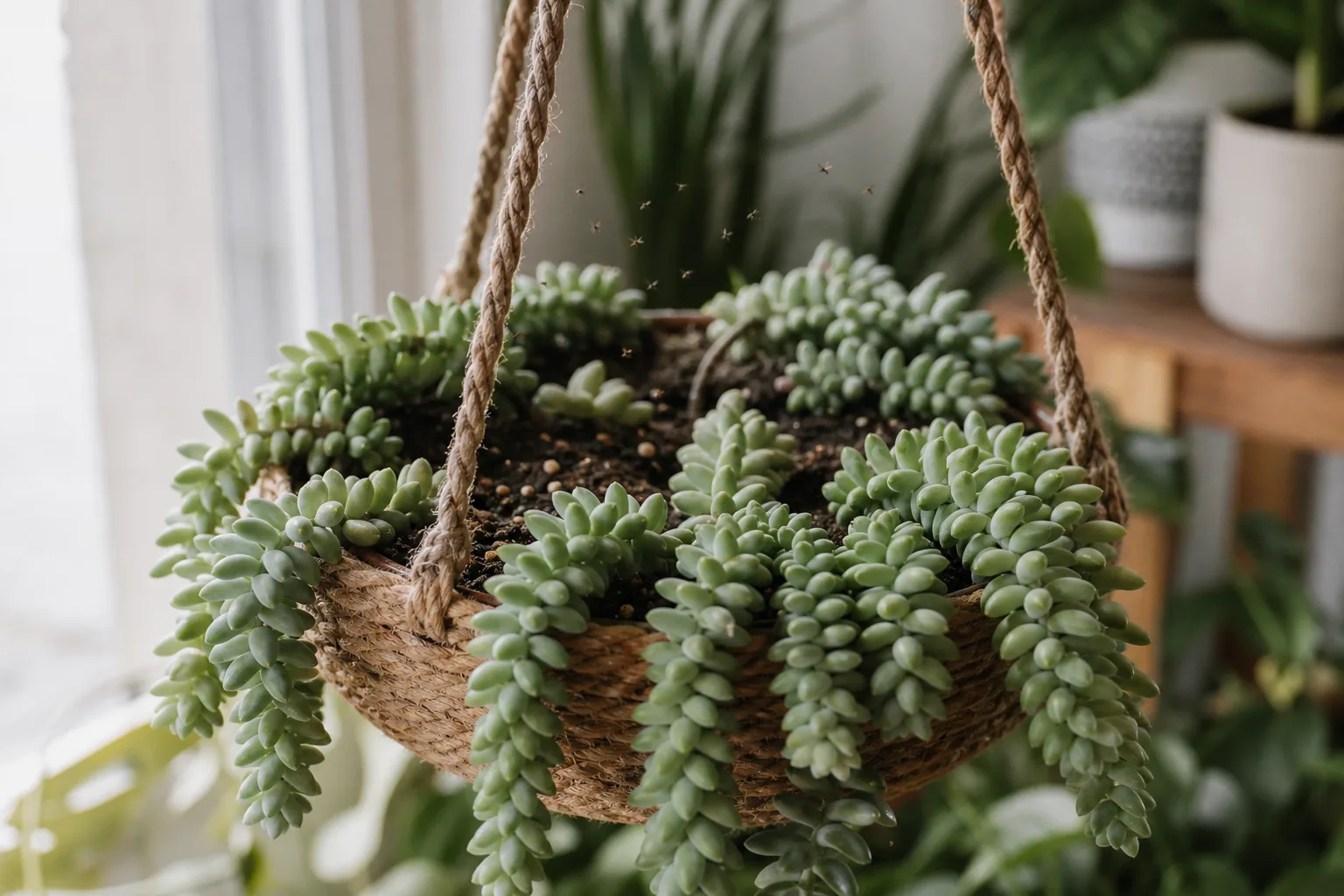 Fungus Gnats on Burro's Tail - tiny flies hovering over damp hanging-basket soil