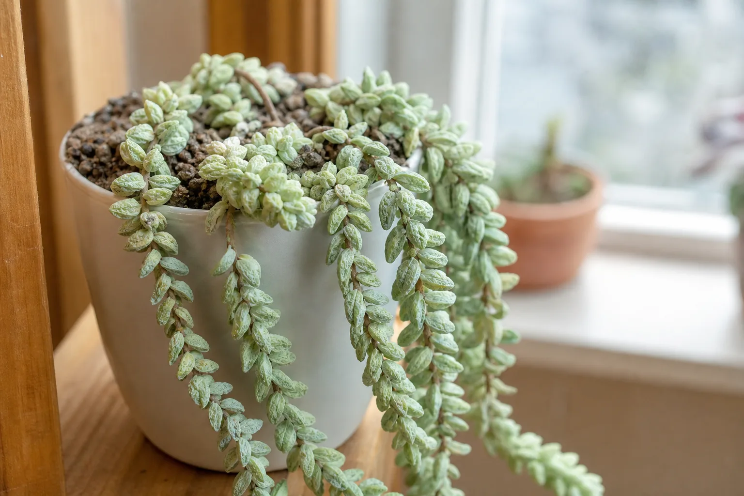 Low Humidity on Burro's Tail - wrinkled beads often misread as dry air when soil is thirsty