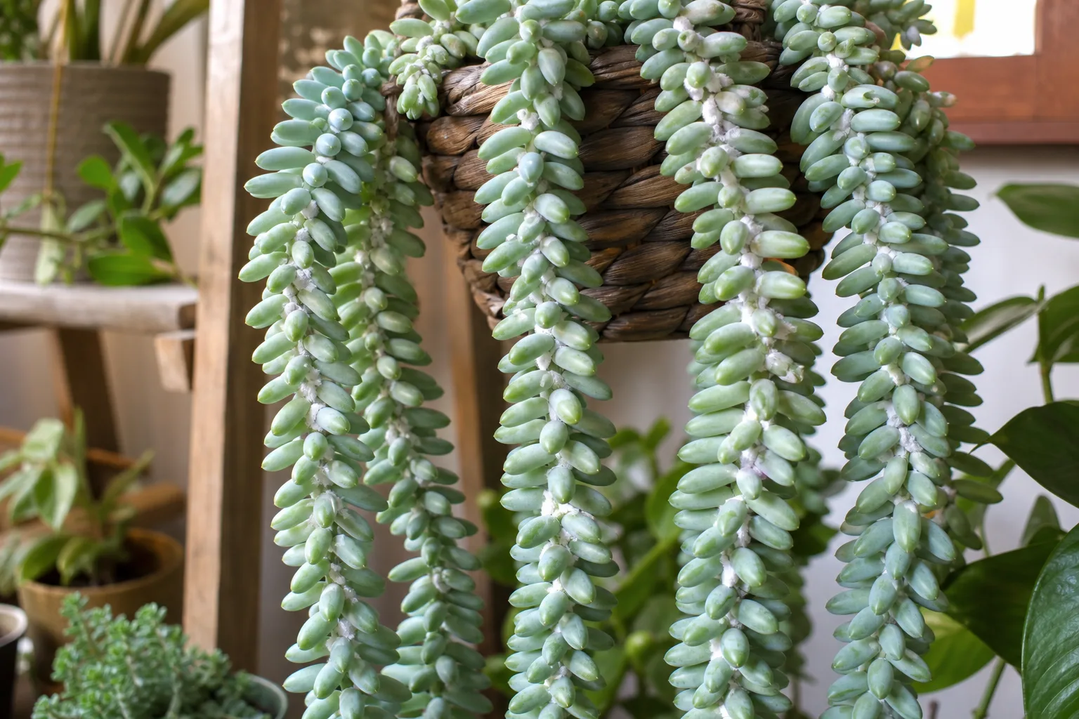 Mealybugs on Burro's Tail - white cottony clusters in bead axils along trailing stems