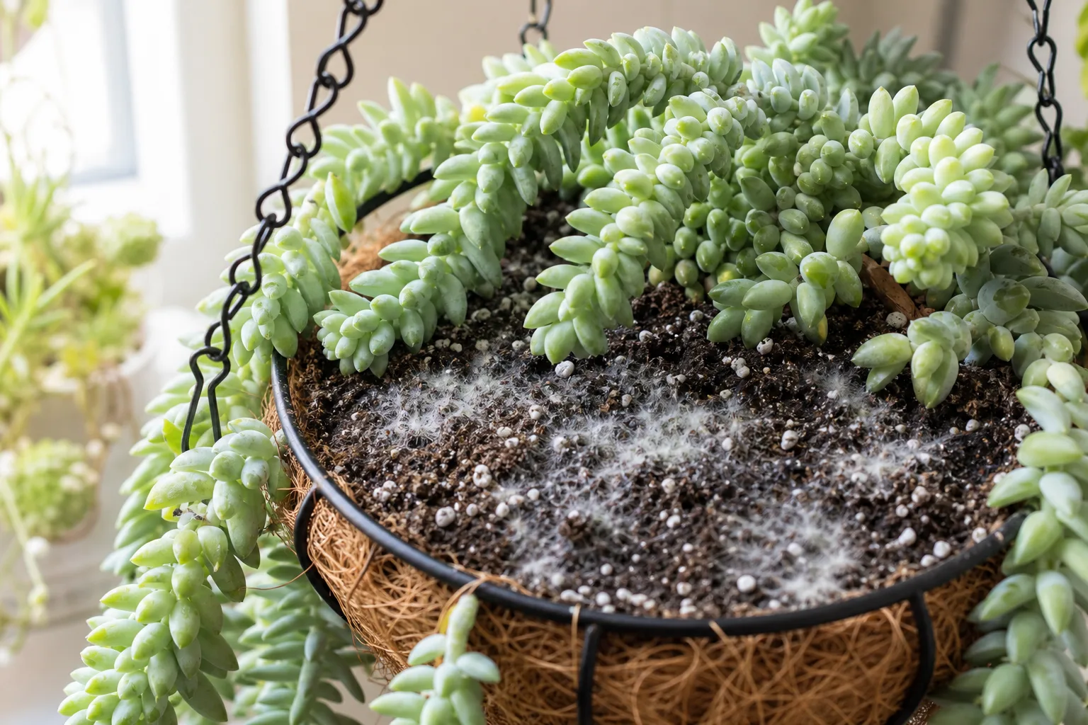 Mold on Soil on Burro's Tail - white fuzzy fungus on damp potting mix in a hanging basket