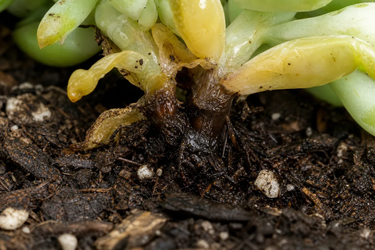Close-up of Root Rot on Burro's Tail - diagnostic detail